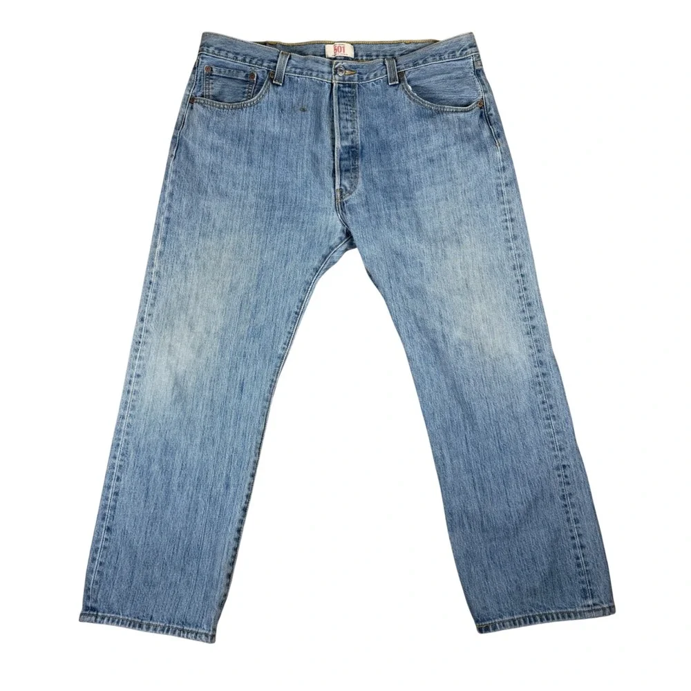 Levis 501 Original Mens 40x29 Light Wash Blue Straight Leg Button Fly Jeans